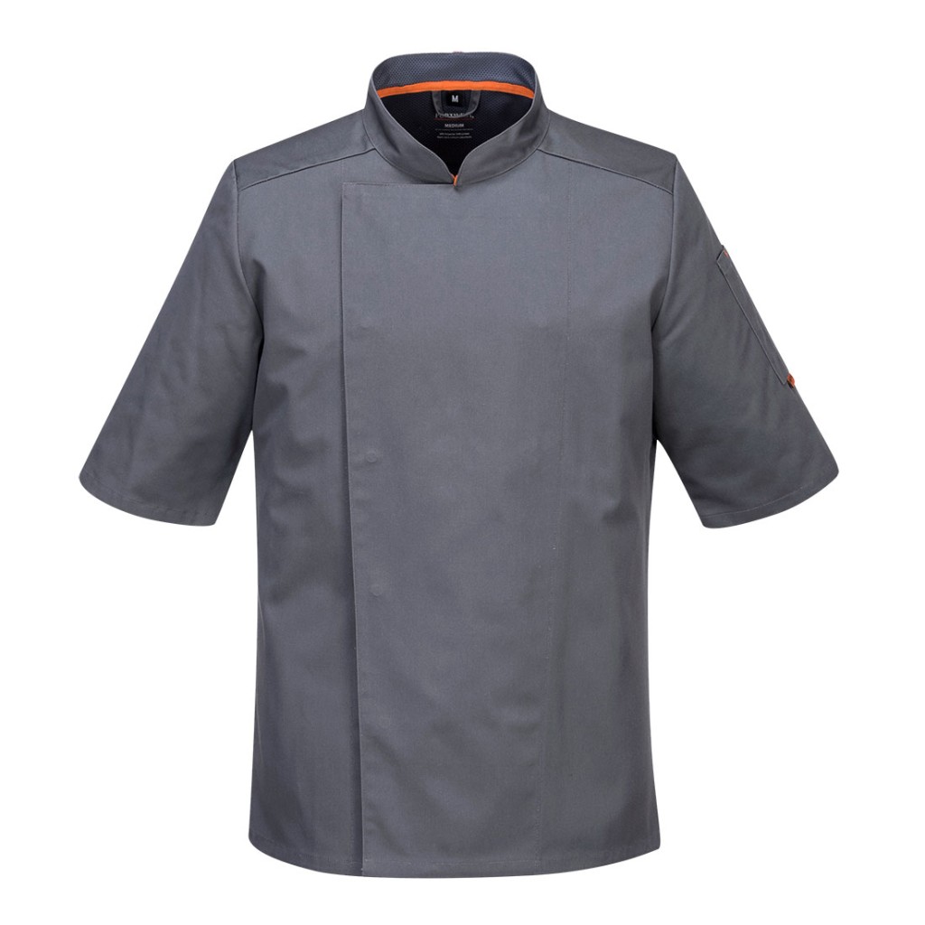 A grey jacket designed for use on construction sites and in industrial work environments.,