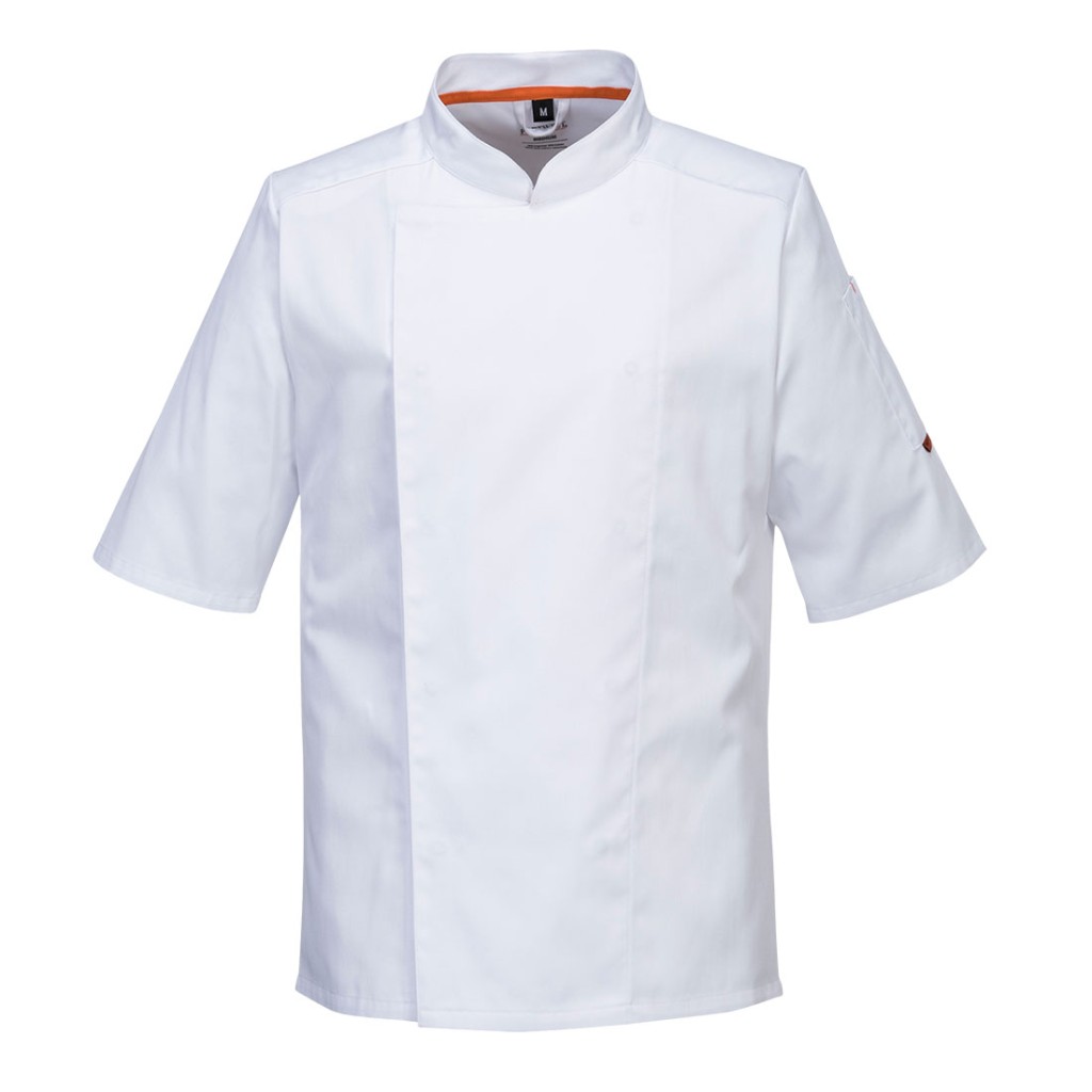 A white jacket designed for use on construction sites and in industrial work environments.,