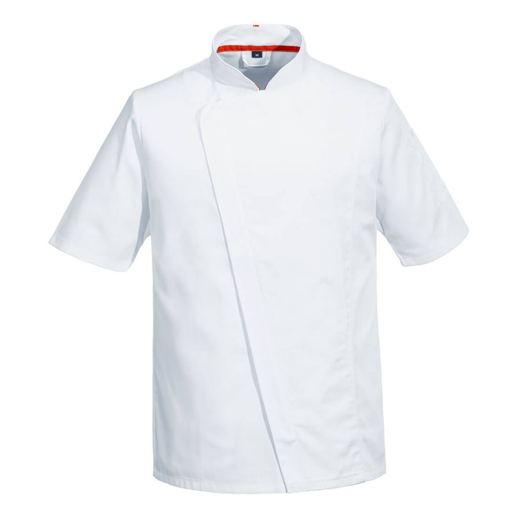 A white jacket designed for use on construction sites and in industrial work environments.,