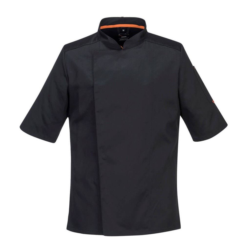 A black jacket featuring stretch panels for ease of movement, suitable for a wide range of outdoor and site work applications.