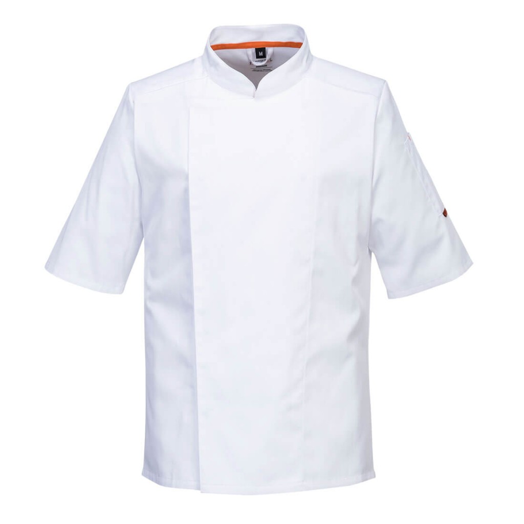 A white jacket featuring stretch panels for ease of movement, suitable for a wide range of outdoor and site work applications.