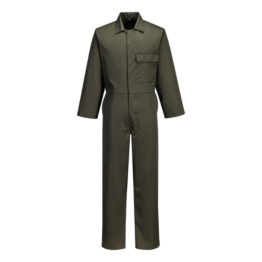 A coverall designed for use on construction sites and in industrial work environments.,