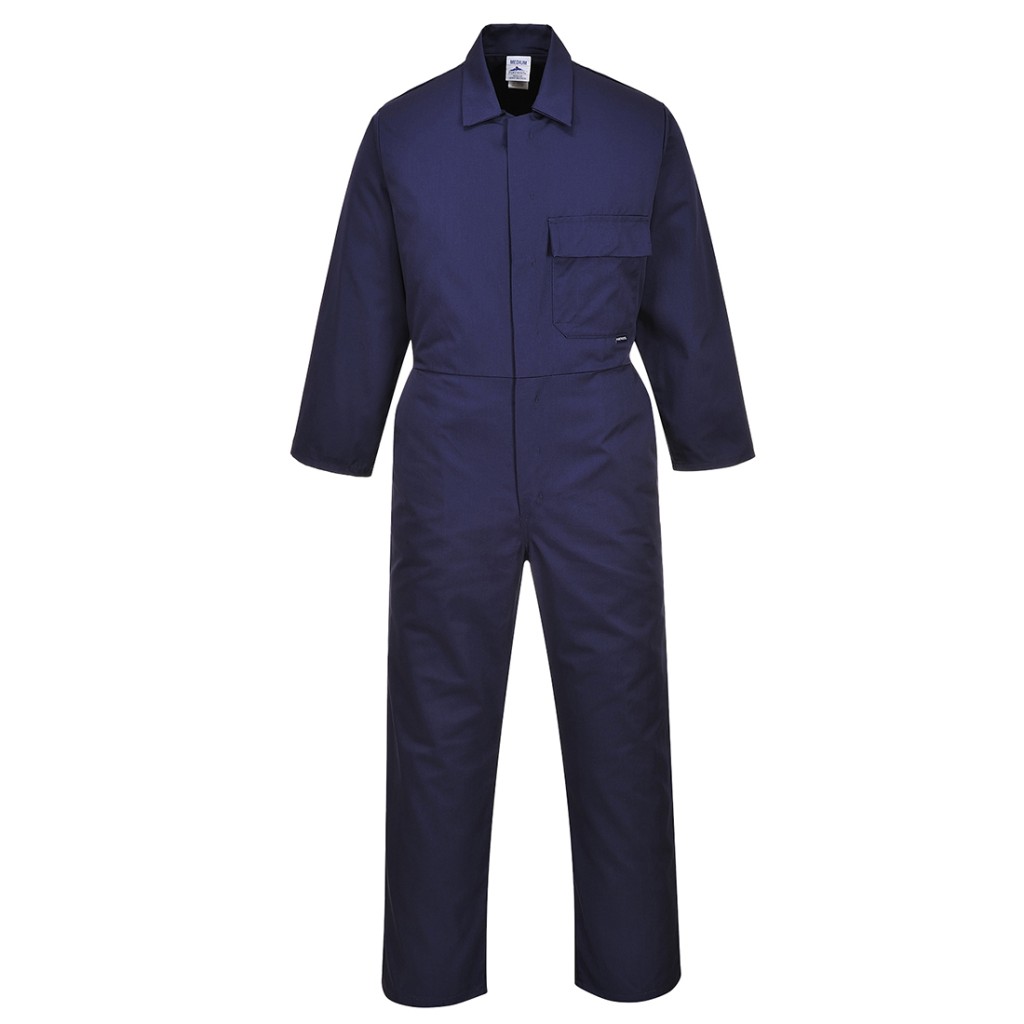 A navy blue coverall designed for use on construction sites and in industrial work environments.,
