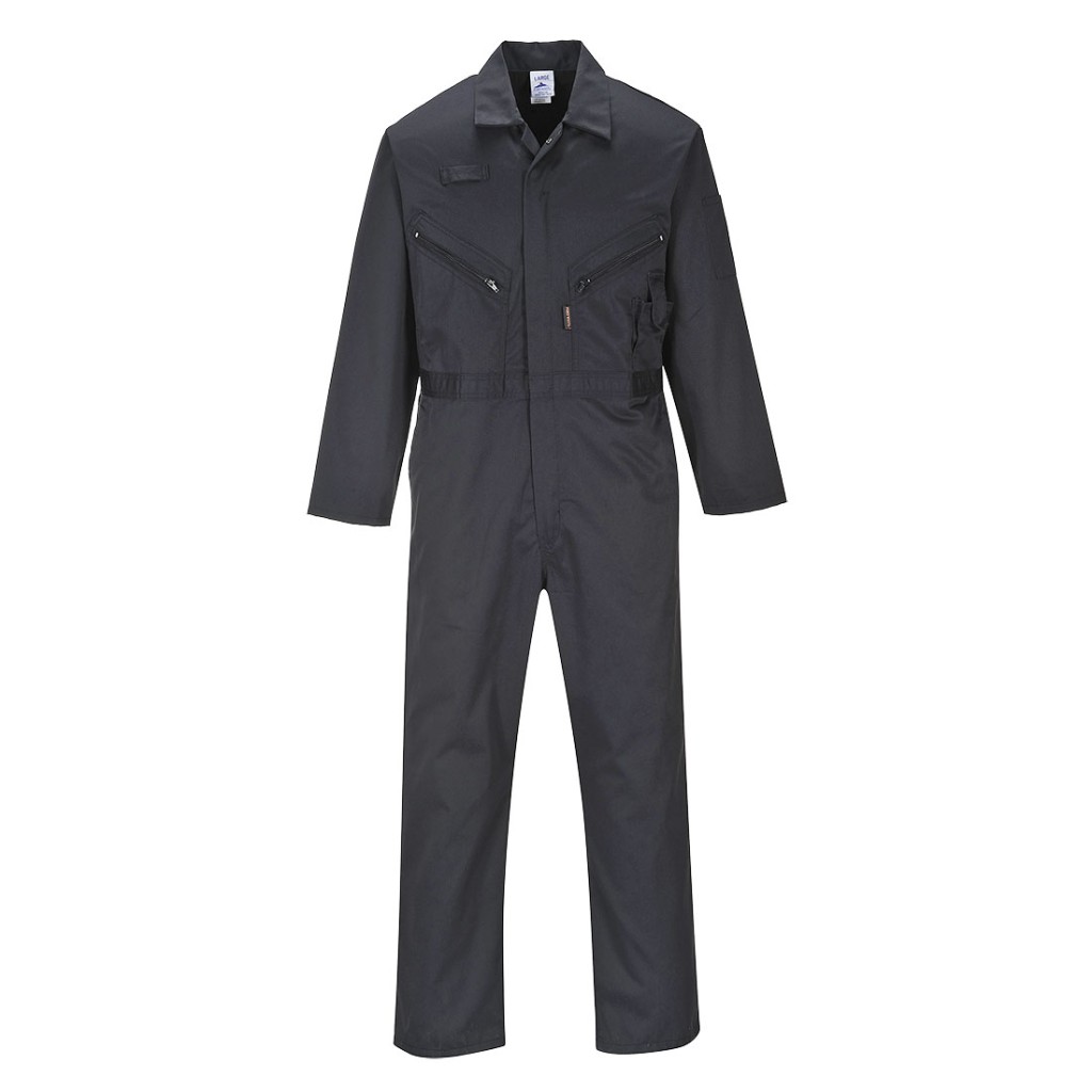 A black coverall featuring a full-length zip front, suitable for a wide range of outdoor and site work applications.