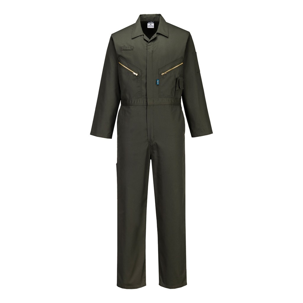 A coverall featuring a full-length zip front, suitable for a wide range of outdoor and site work applications.