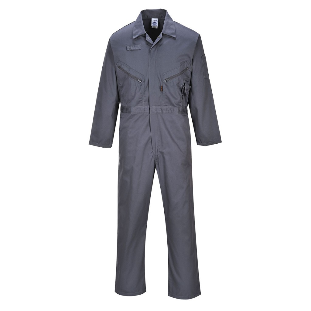 A grey coverall featuring a full-length zip front, suitable for a wide range of outdoor and site work applications.