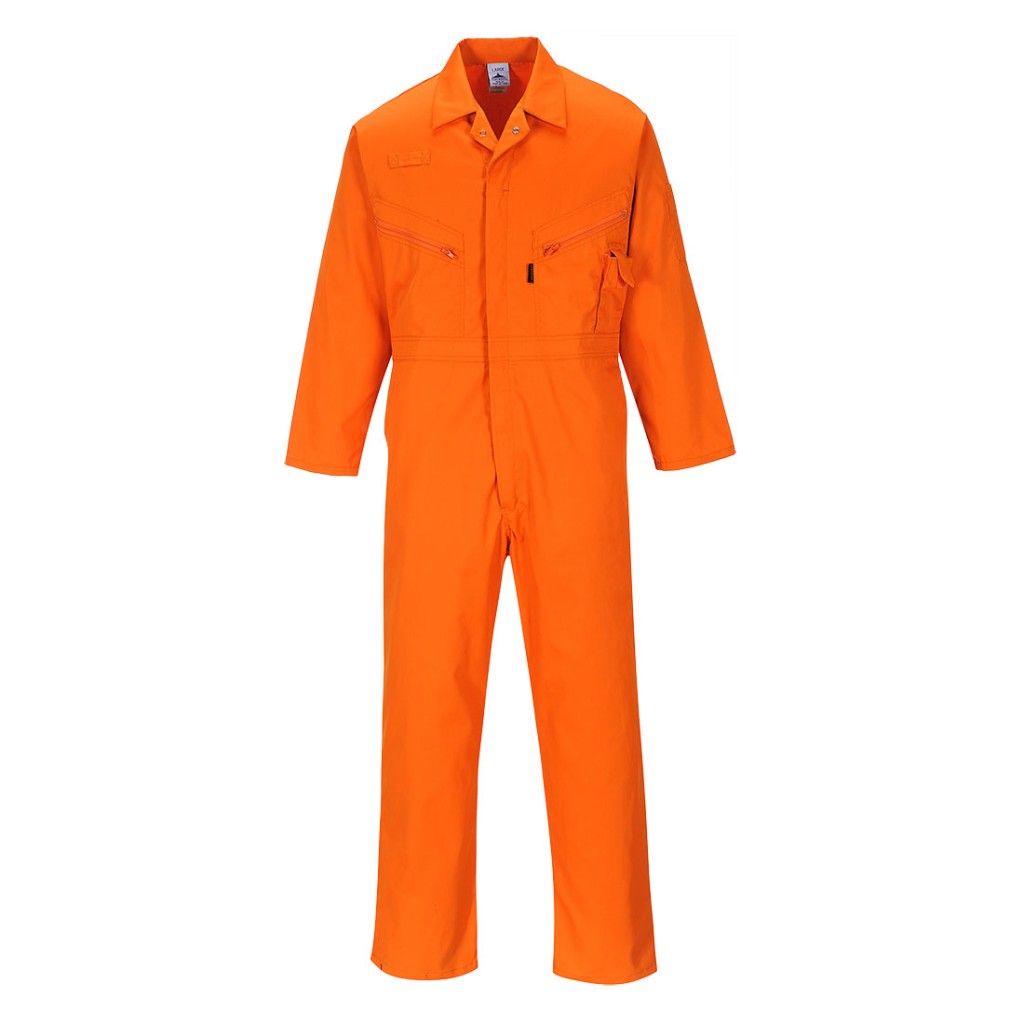 A orange coverall featuring a full-length zip front, suitable for a wide range of outdoor and site work applications.