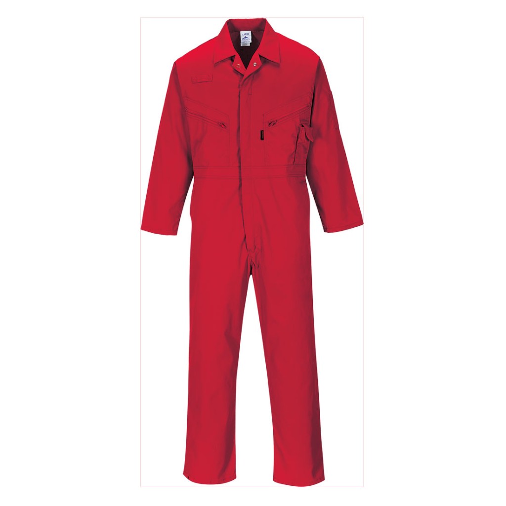 A red coverall featuring a full-length zip front, suitable for a wide range of outdoor and site work applications.