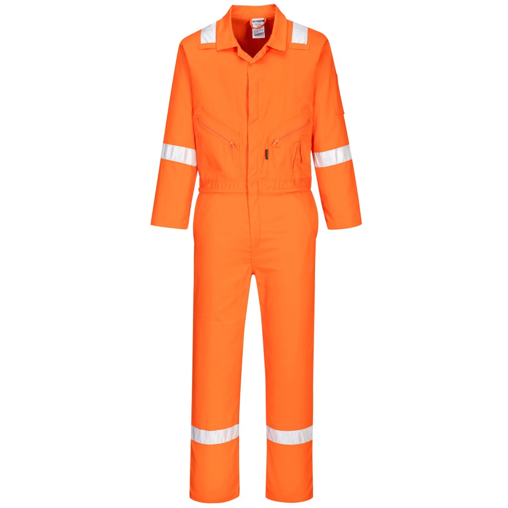 A orange coverall designed for use on construction sites and in industrial work environments.,