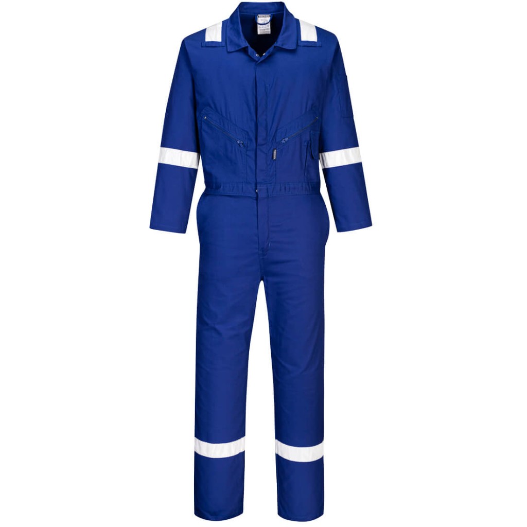A blue coverall designed for use on construction sites and in industrial work environments.,