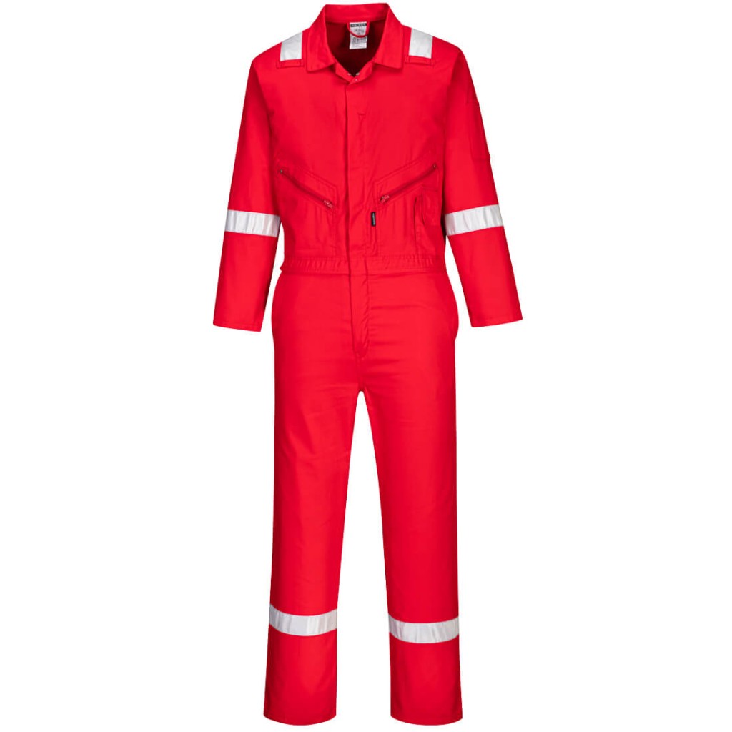 A red coverall designed for use on construction sites and in industrial work environments.,