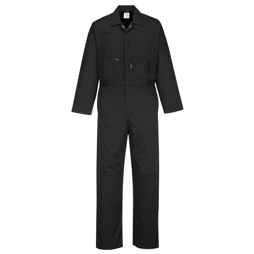 A black coverall featuring knee-pad pockets, suitable for a wide range of outdoor and site work applications.