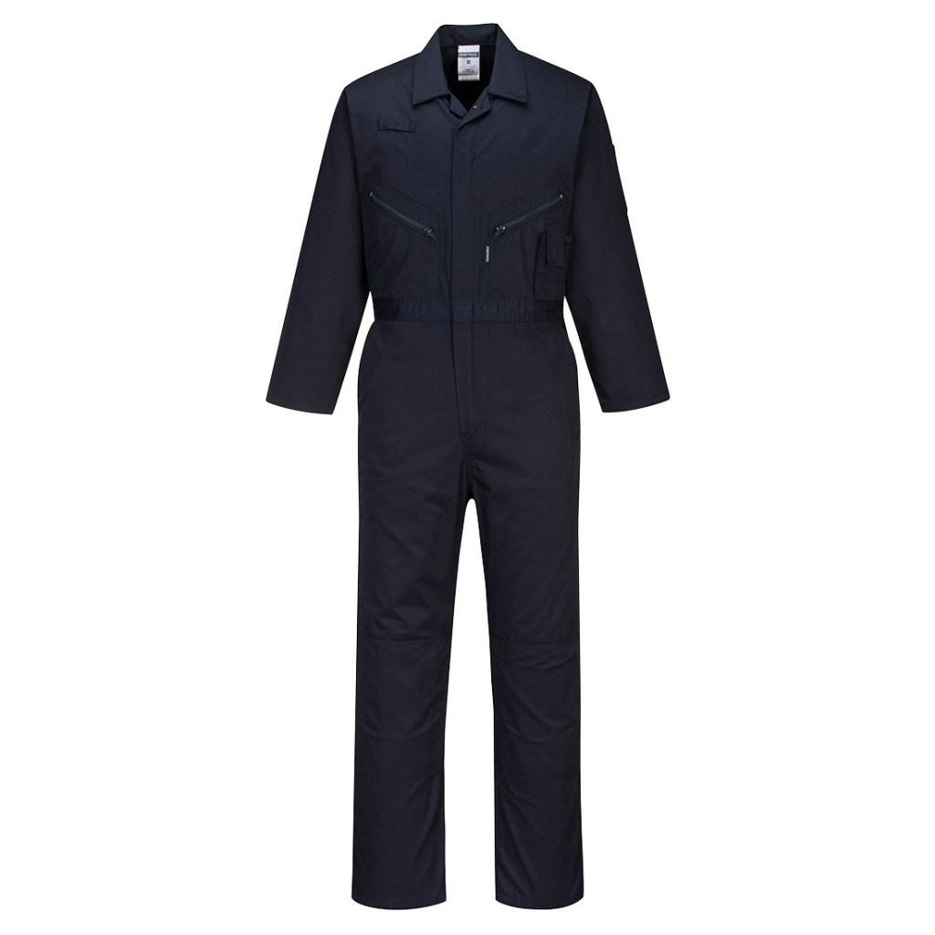 A navy blue coverall featuring knee-pad pockets, suitable for a wide range of outdoor and site work applications.