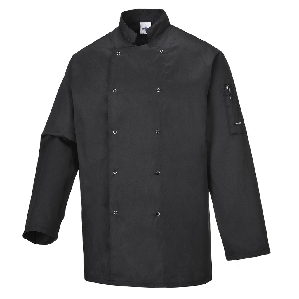 A black jacket designed for use on construction sites and in industrial work environments.,