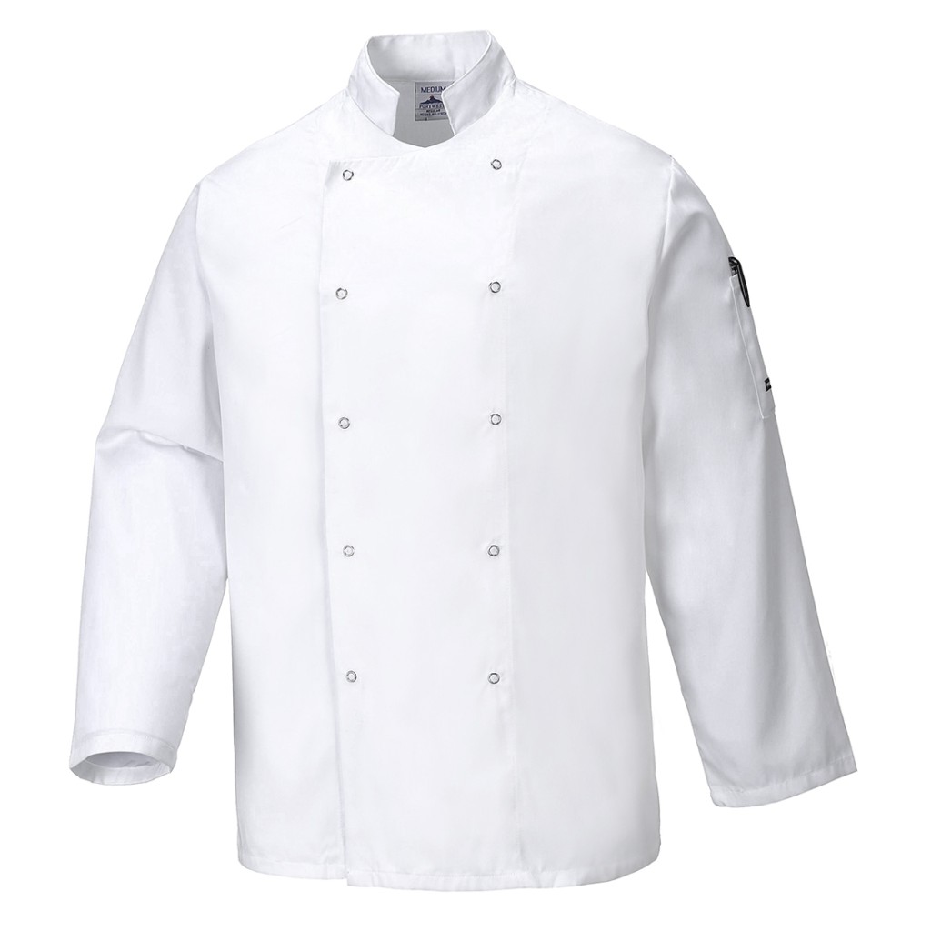 A white jacket designed for use on construction sites and in industrial work environments.,