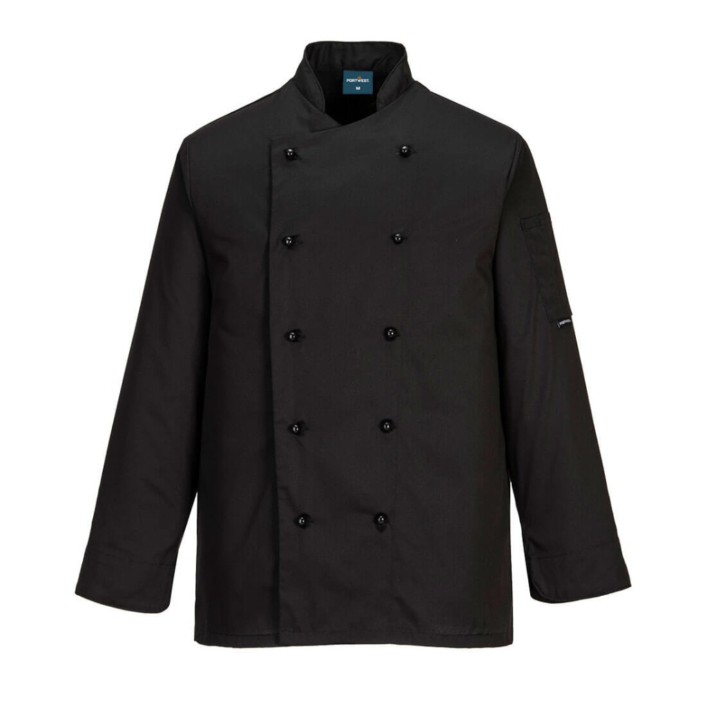 A black jacket designed for use on construction sites and in industrial work environments.,