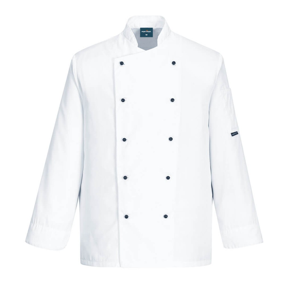 A white jacket designed for use on construction sites and in industrial work environments.,