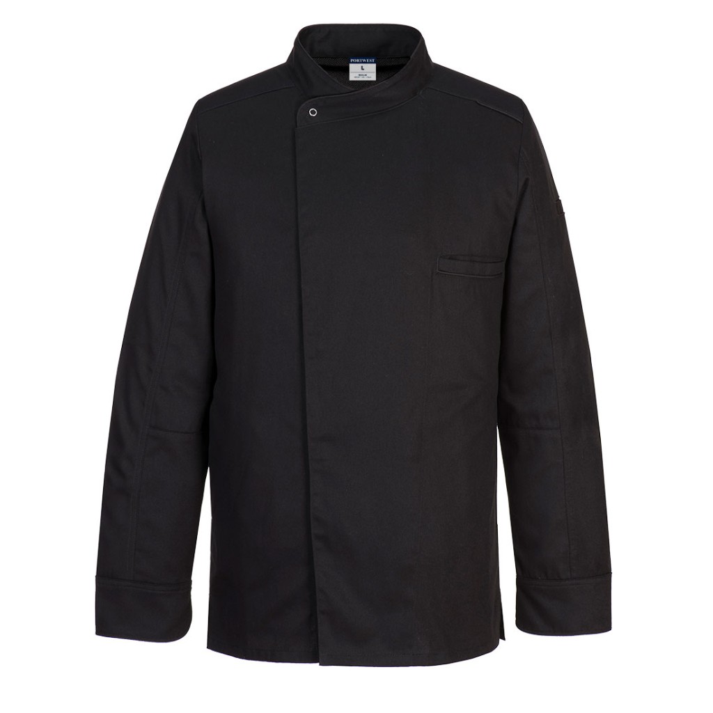 A black jacket designed for use on construction sites and in industrial work environments.,