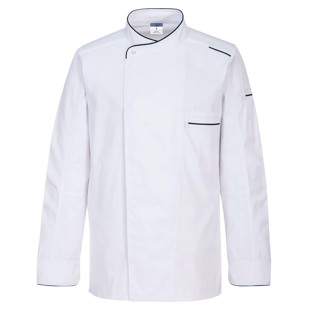 A white jacket designed for use on construction sites and in industrial work environments.,