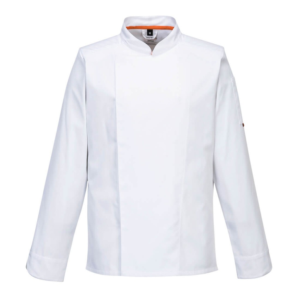 A white jacket featuring stretch panels for ease of movement, suitable for a wide range of outdoor and site work applications.