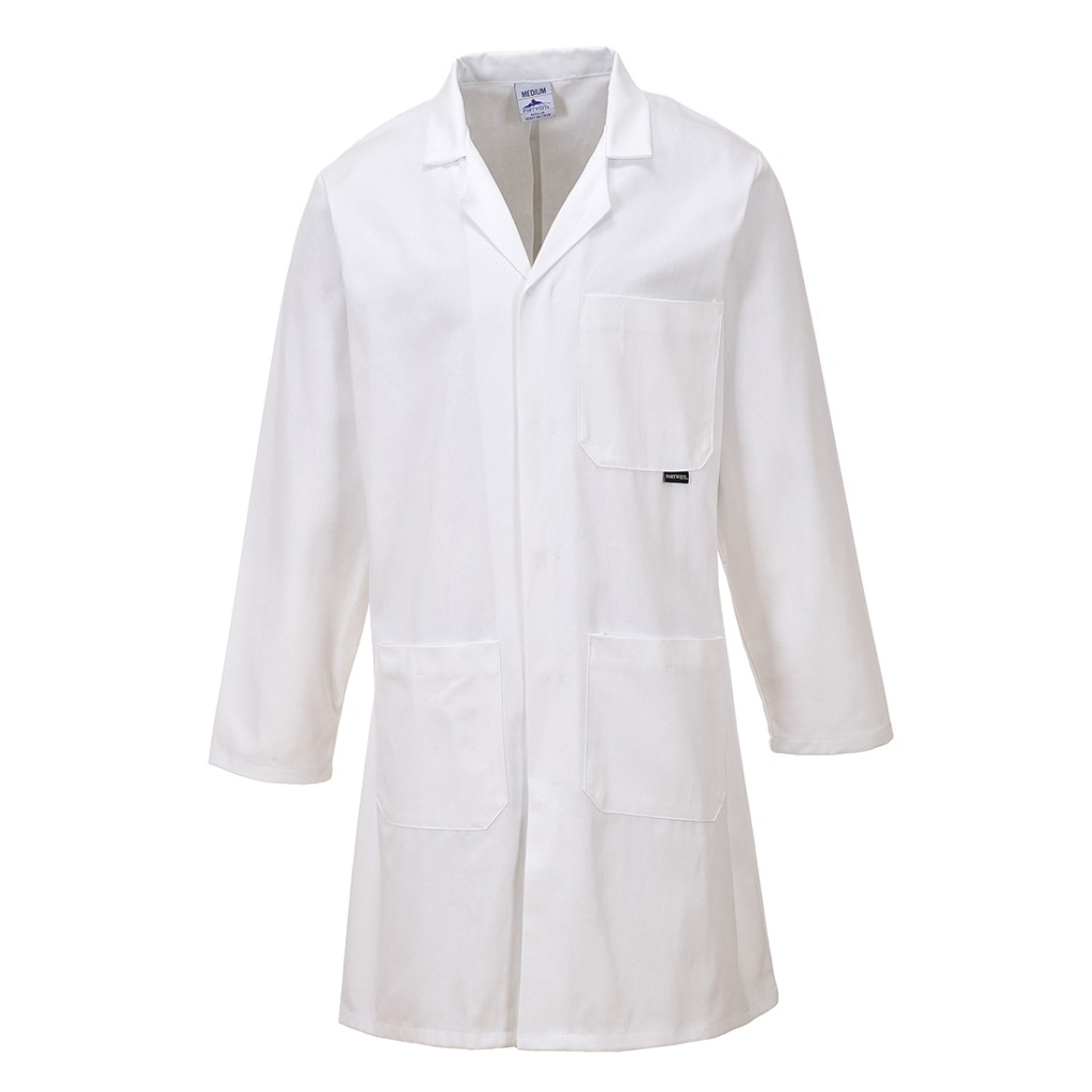 A white jacket designed for use on construction sites and in industrial work environments.,