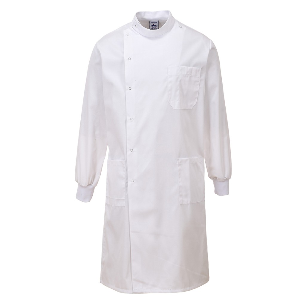 A white jacket designed for use on construction sites and in industrial work environments.,
