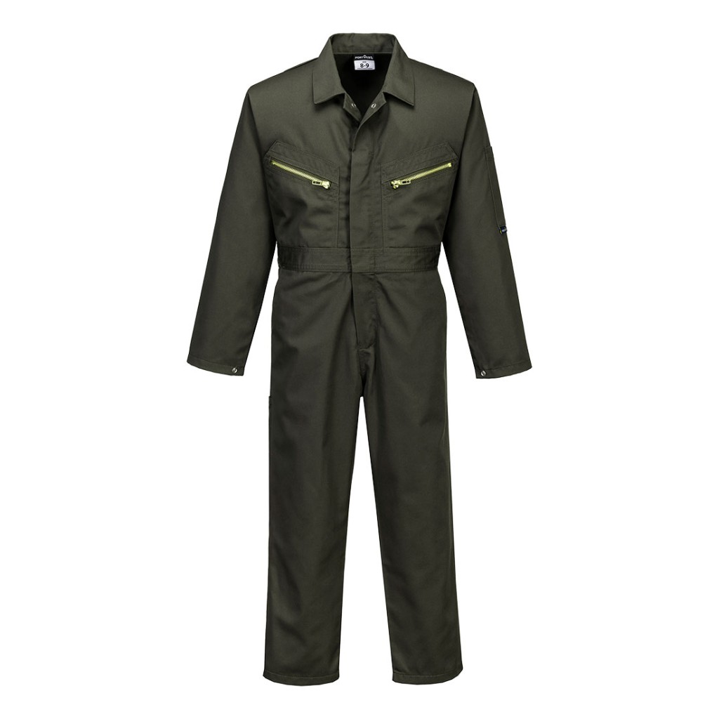 A coverall designed for use on construction sites and in industrial work environments.,