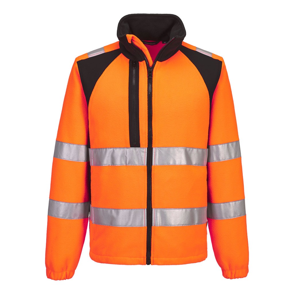 A high-visibility orange workwear garment featuring retroreflective tape panels, suitable for a wide range of outdoor and site work applications.