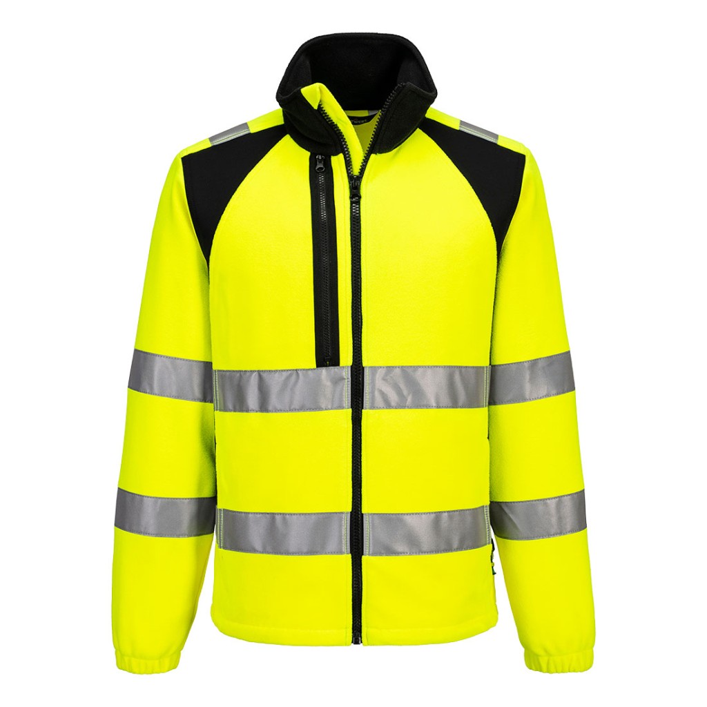 A high-visibility yellow workwear garment featuring retroreflective tape panels, suitable for a wide range of outdoor and site work applications.