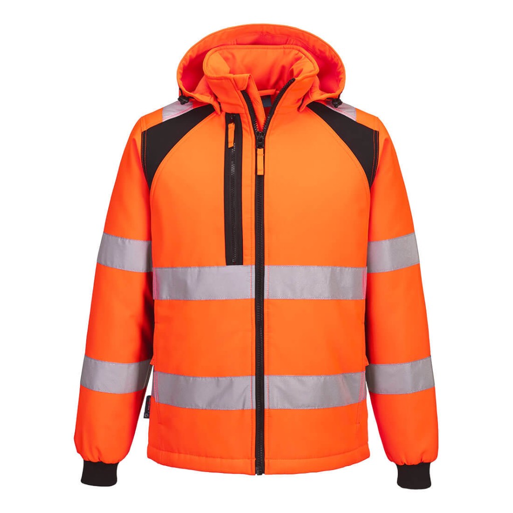 A high-visibility orange softshell jacket featuring retroreflective tape panels, suitable for a wide range of outdoor and site work applications.