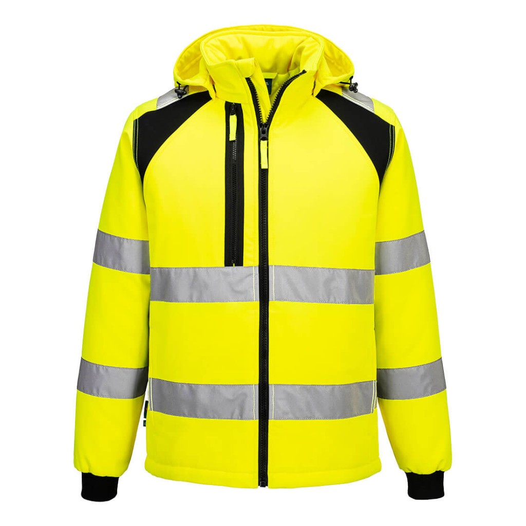 A high-visibility yellow softshell jacket featuring retroreflective tape panels, suitable for a wide range of outdoor and site work applications.
