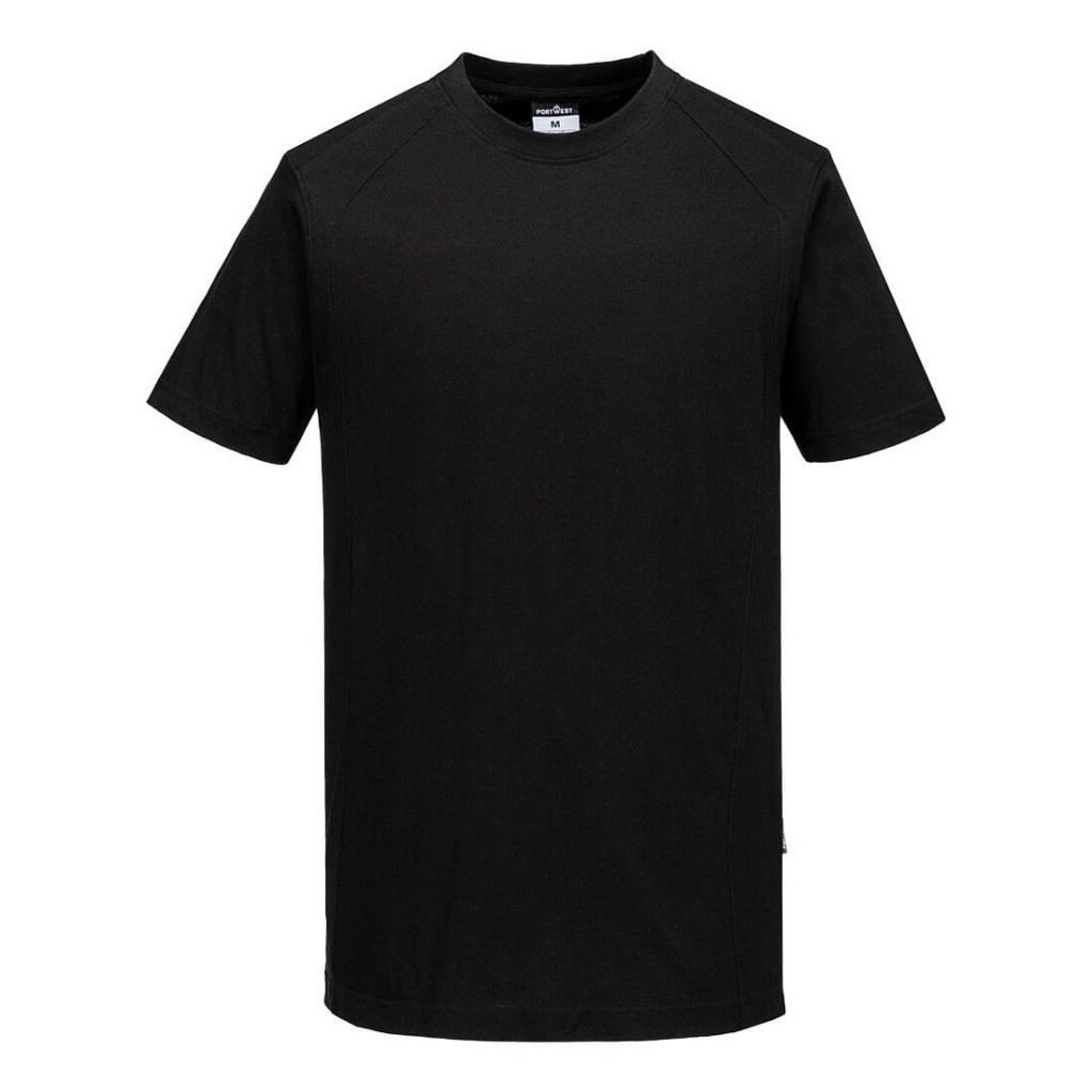 A black work shirt designed for use on construction sites and in industrial work environments.,