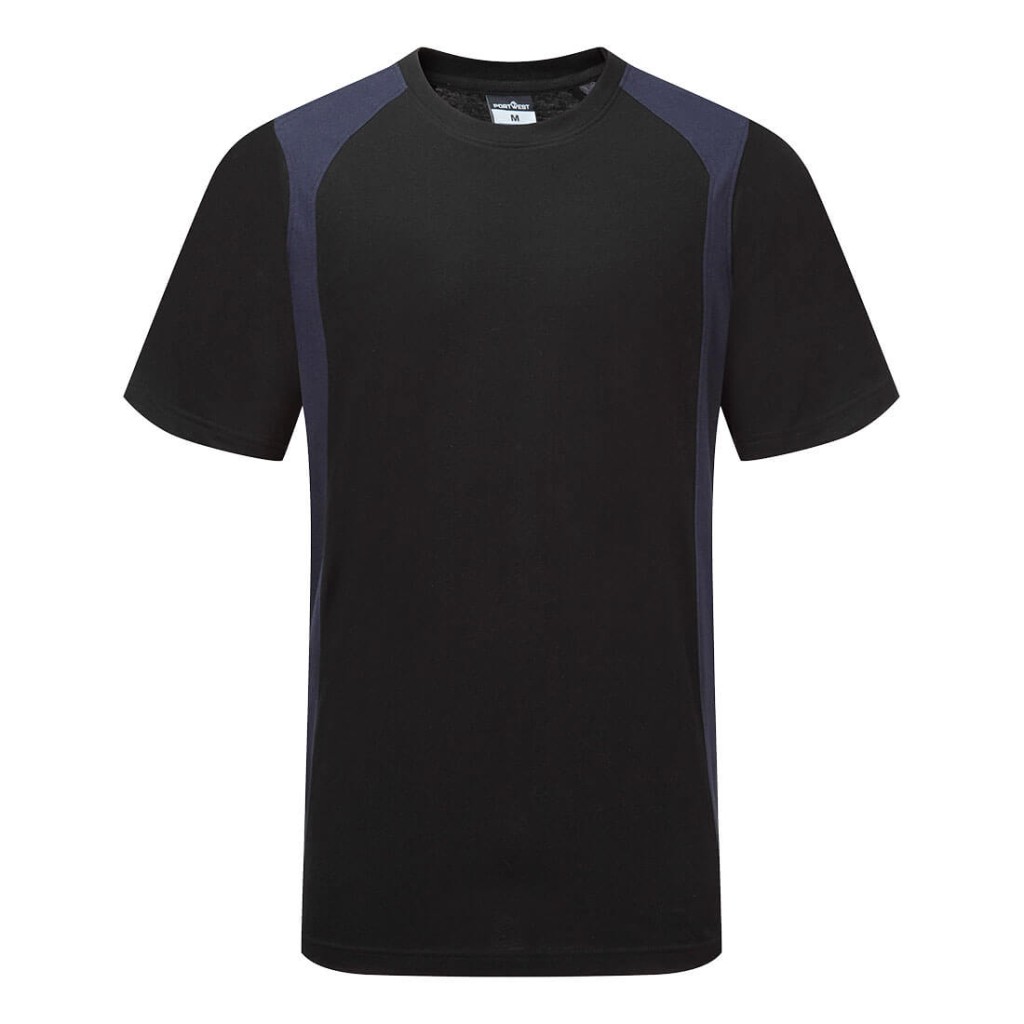 A black work shirt designed for use on construction sites and in industrial work environments.,