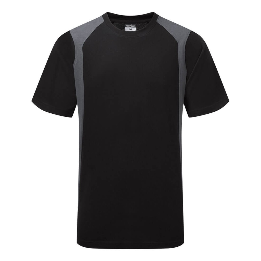 A black work shirt designed for use on construction sites and in industrial work environments.,