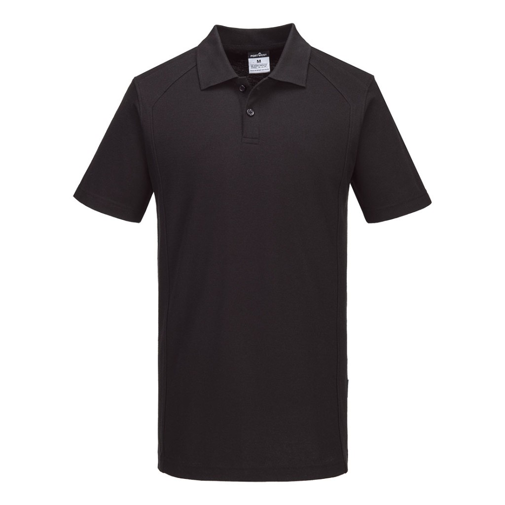 A black polo shirt designed for use on construction sites and in industrial work environments.,