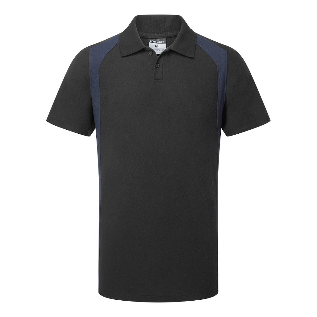 A black polo shirt designed for use on construction sites and in industrial work environments.,