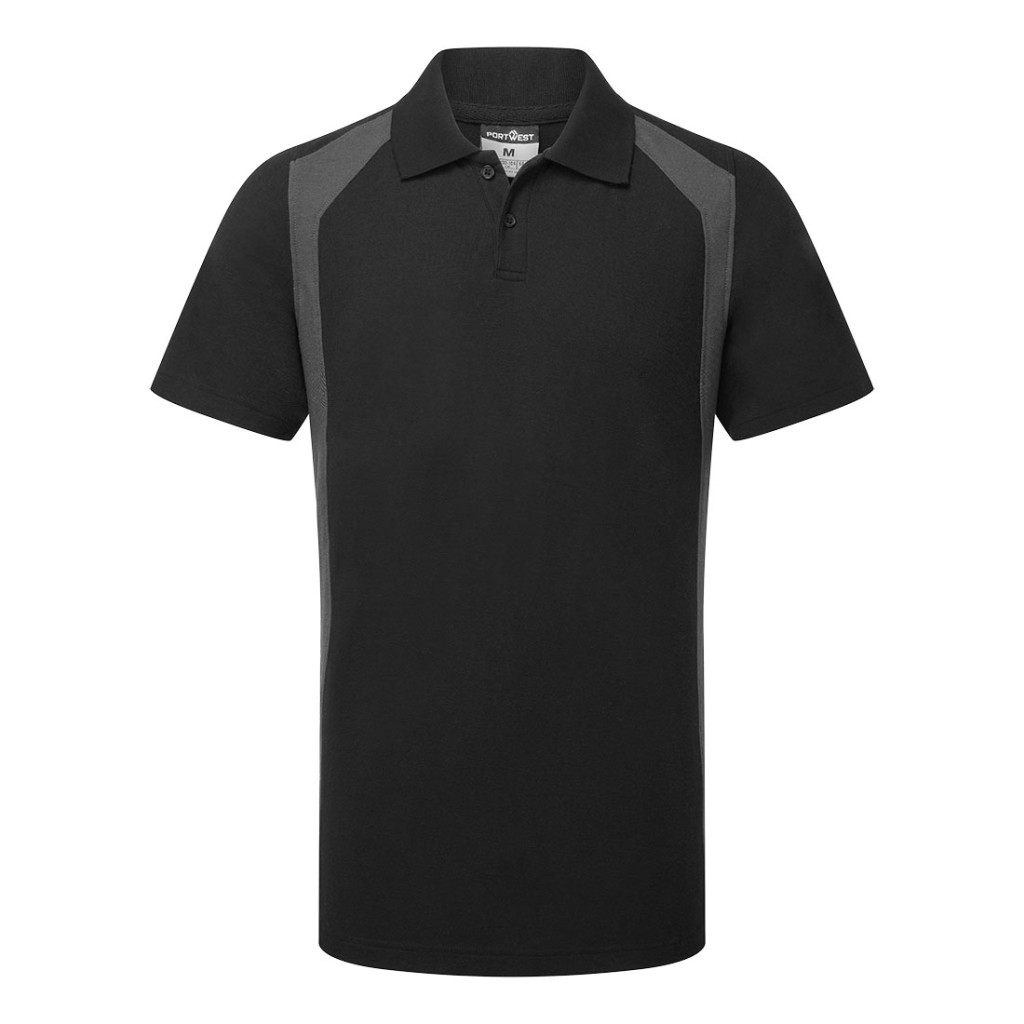 A black polo shirt designed for use on construction sites and in industrial work environments.,