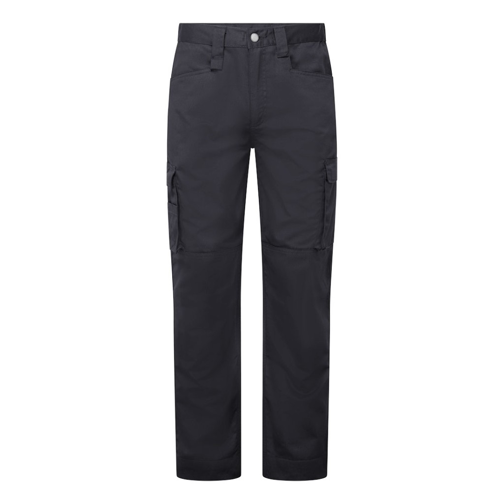 A pair of black work trousers designed for use on construction sites and in industrial work environments.,