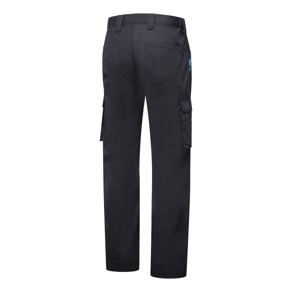 A pair of black work trousers designed for use on construction sites and in industrial work environments.,