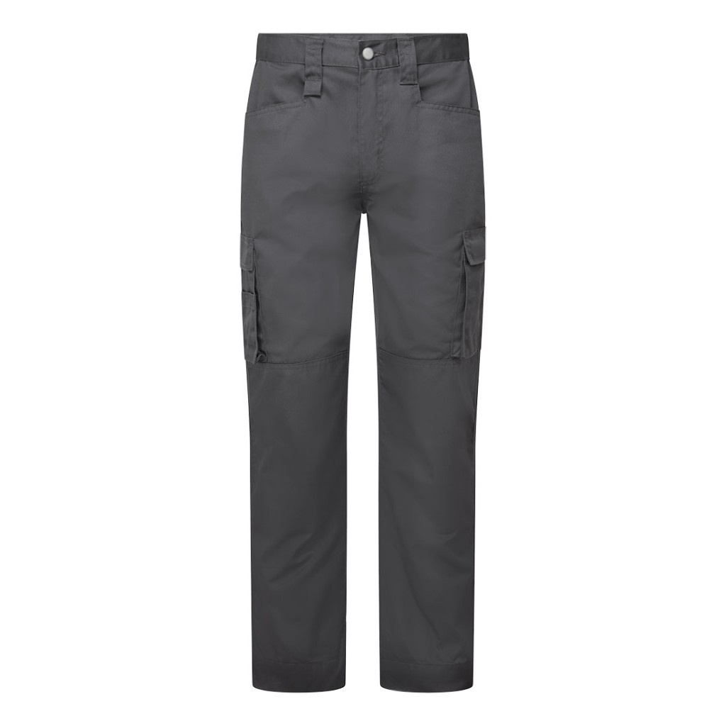 A pair of grey work trousers designed for use on construction sites and in industrial work environments.,