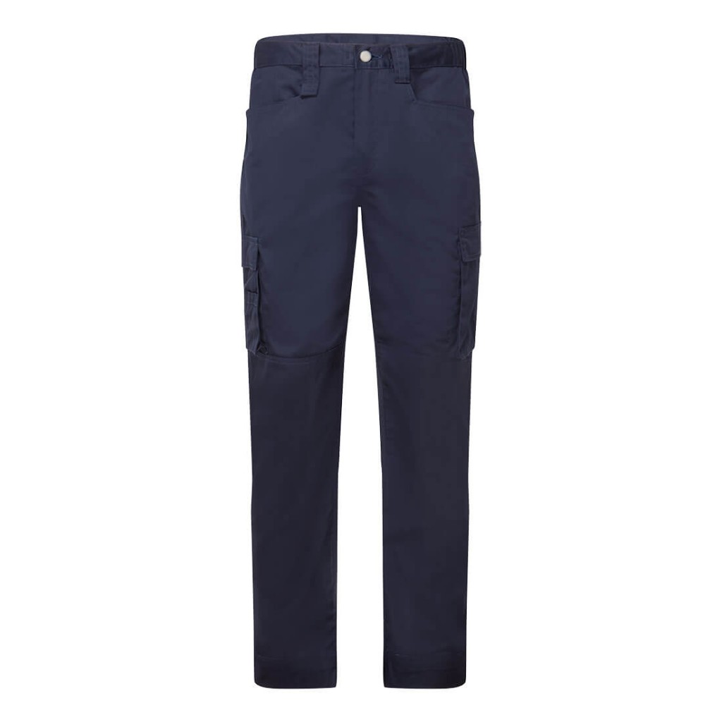 A pair of navy blue work trousers designed for use on construction sites and in industrial work environments.,