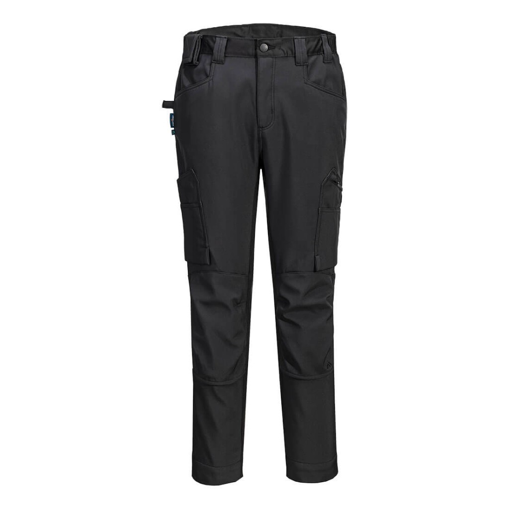 A pair of black work trousers designed for use on construction sites and in industrial work environments.,