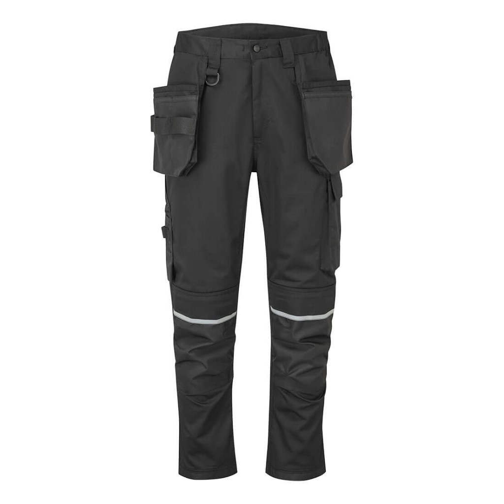 A pair of black work trousers designed for use on construction sites and in industrial work environments.,