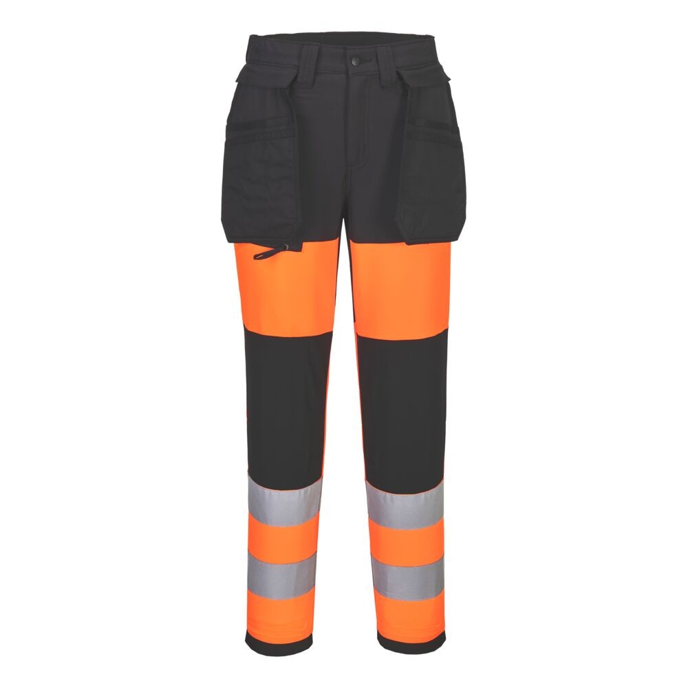 A pair of women's high-visibility orange trousers featuring retroreflective tape panels, stretch panels for ease of movement, suitable for a wide range of outdoor and site work applications.
