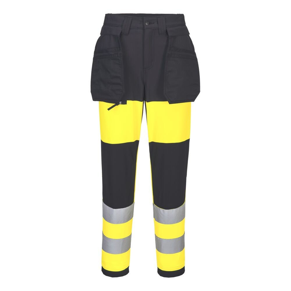A pair of women's high-visibility yellow trousers featuring retroreflective tape panels, stretch panels for ease of movement, suitable for a wide range of outdoor and site work applications.