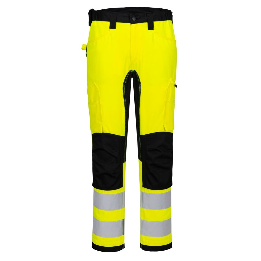 A pair of high-visibility yellow trousers featuring retroreflective tape panels, stretch panels for ease of movement, suitable for a wide range of outdoor and site work applications.
