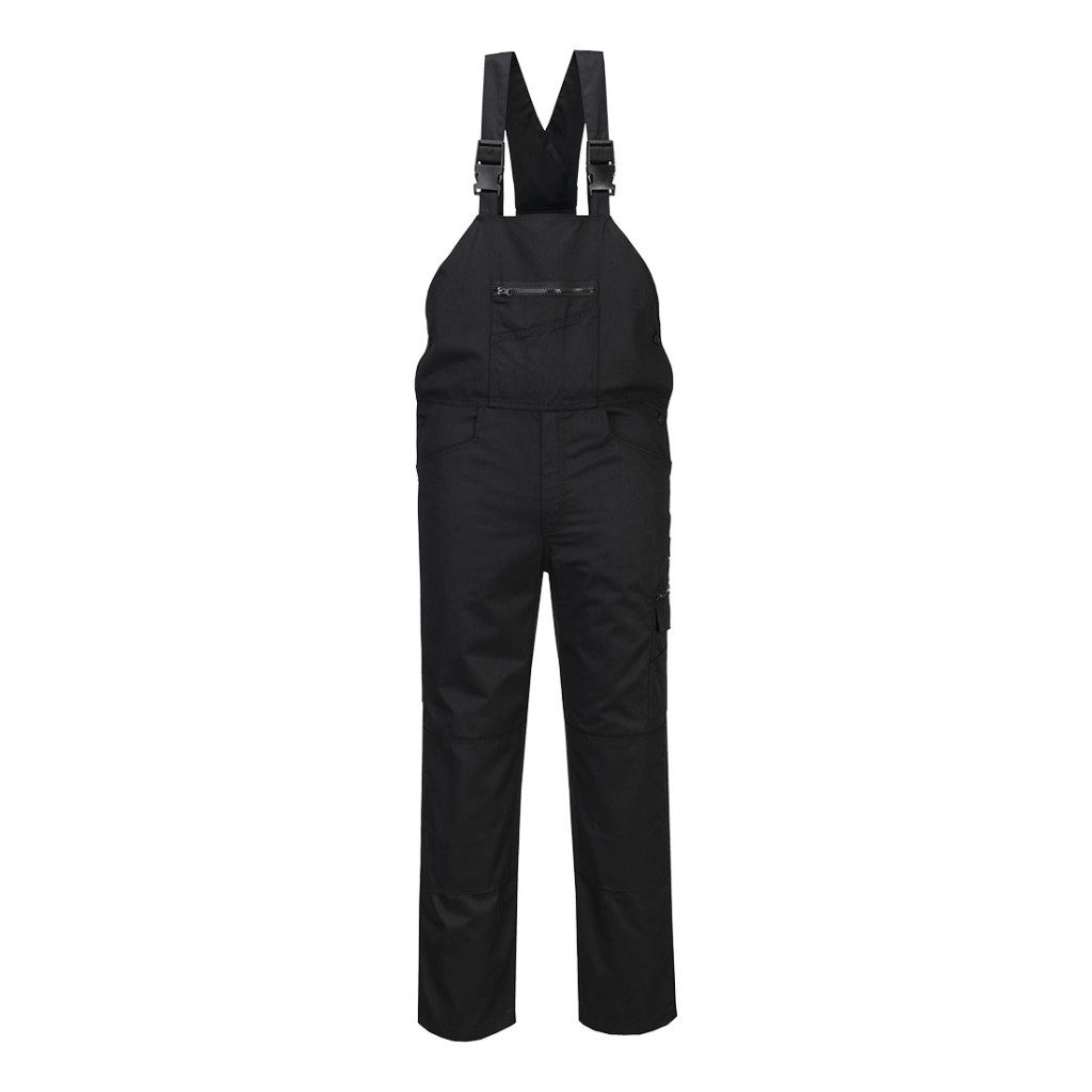 A black workwear garment featuring stretch panels for ease of movement, suitable for a wide range of outdoor and site work applications.