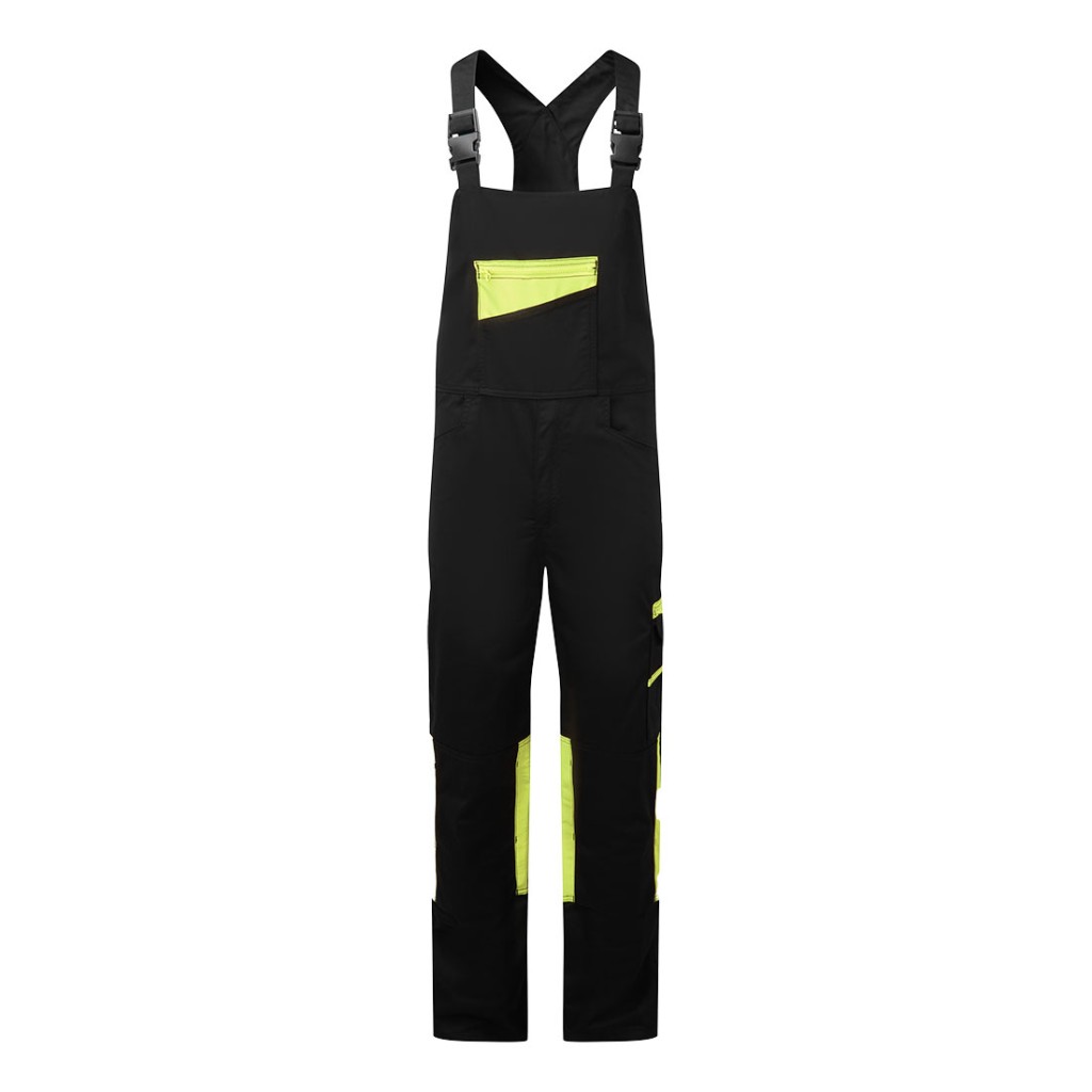 A black workwear garment featuring stretch panels for ease of movement, suitable for a wide range of outdoor and site work applications.