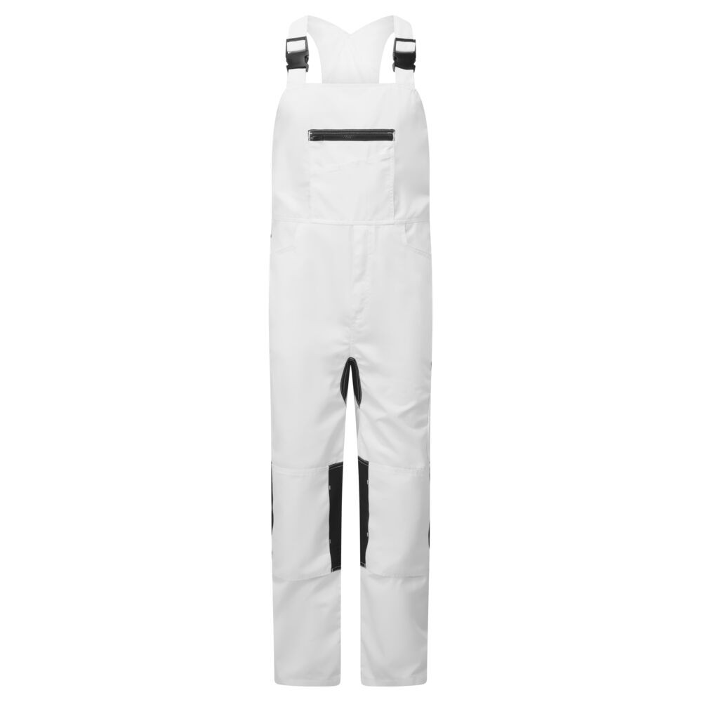 A white workwear garment featuring stretch panels for ease of movement, suitable for a wide range of outdoor and site work applications.