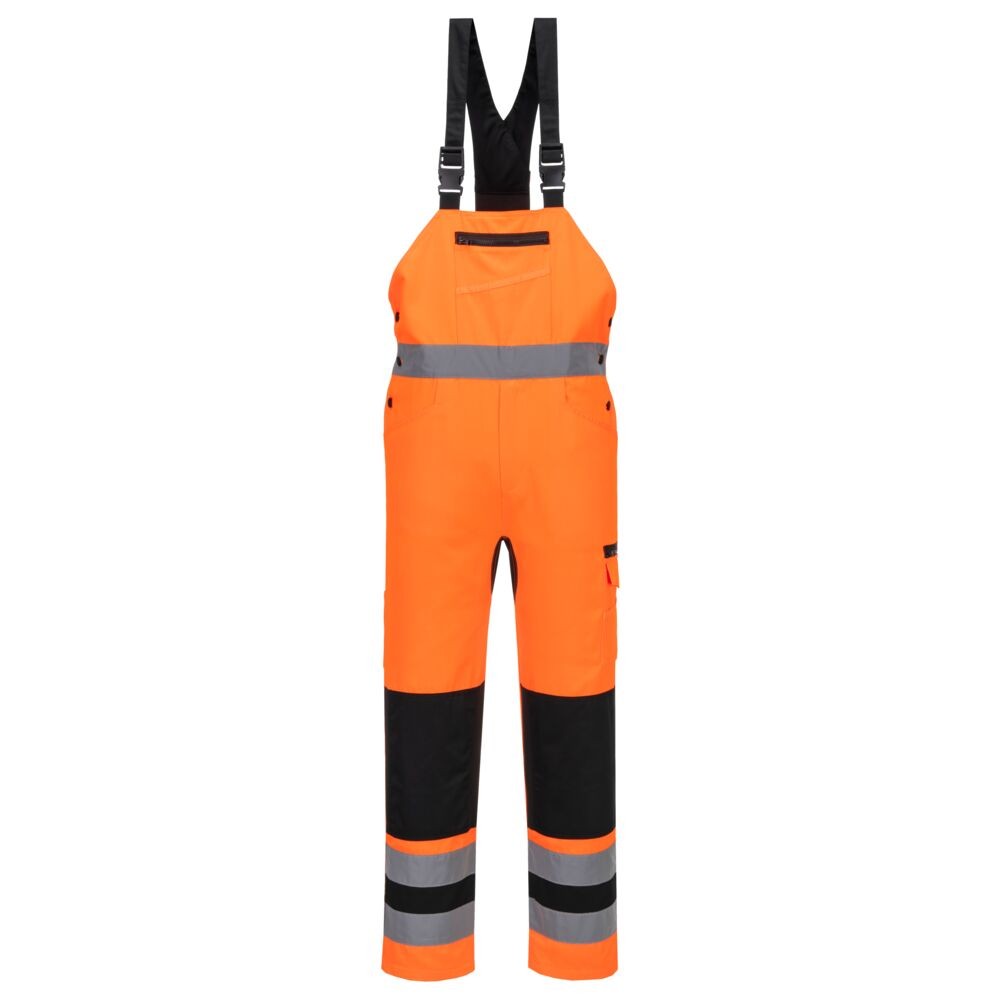 A high-visibility orange bib-and-brace overalls featuring retroreflective tape panels, suitable for a wide range of outdoor and site work applications.